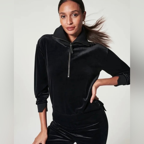 Spanx AirEssentials Black Velvet half zip Small New with tags retails $154 - Picture 2 of 5